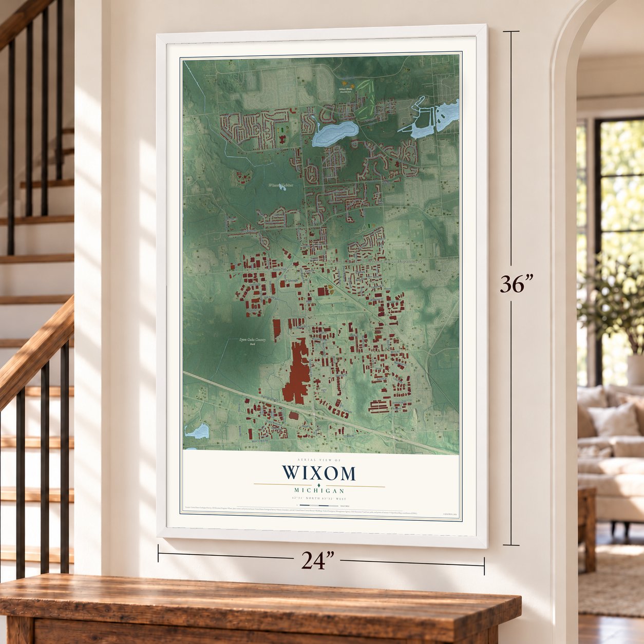 Wixom, Michigan map, 24 x 36 inch print in a white frame by a staircase