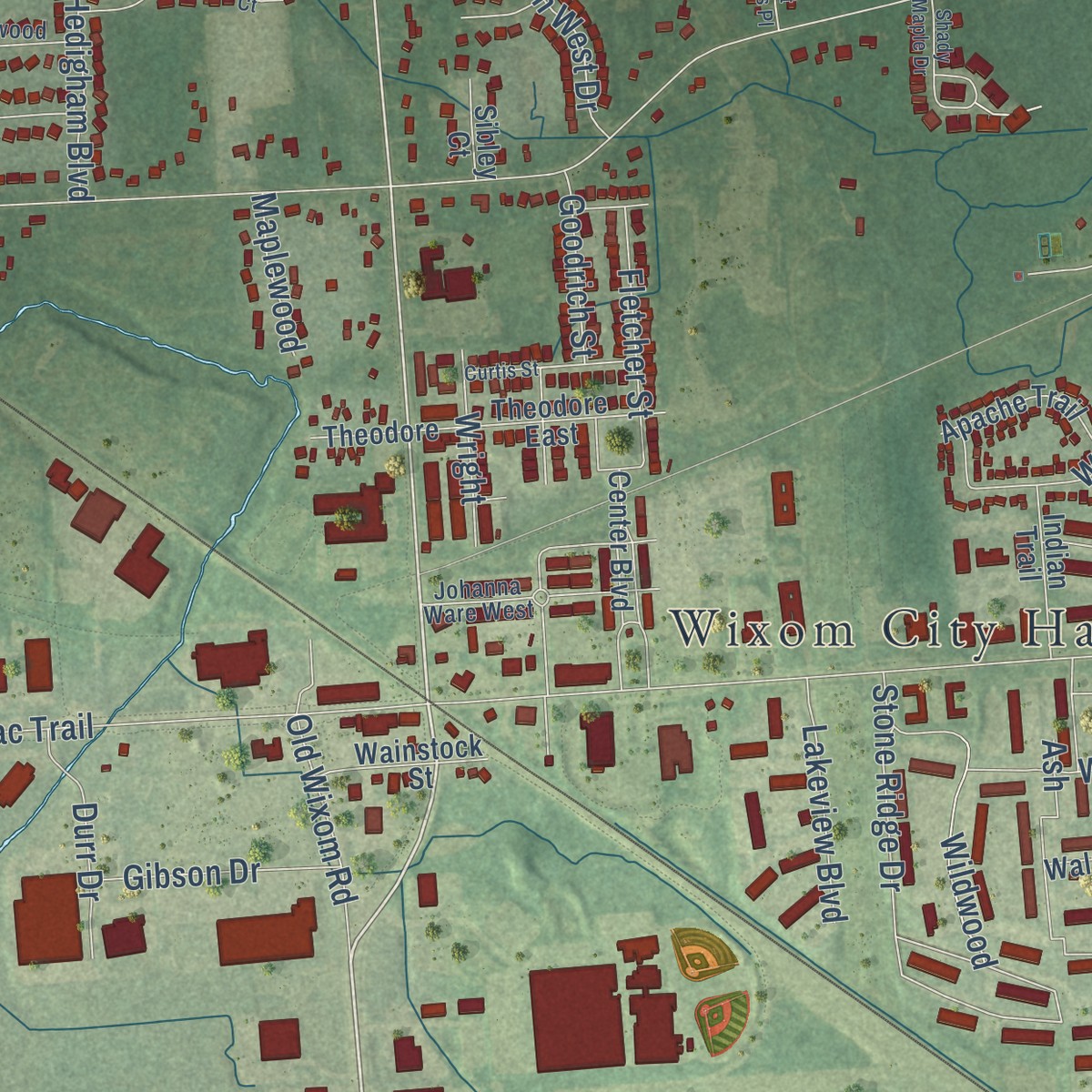 Second close-up of the map of Wixom, Michigan print showing more streets and buildings