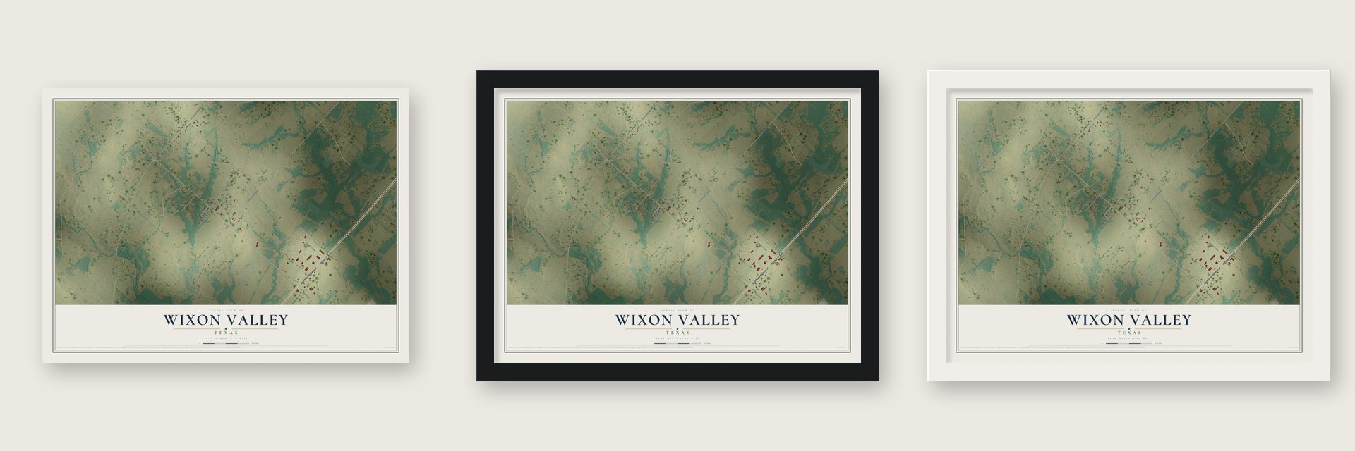 Wixon Valley, Texas map unframed, in a black wood frame and in a white wood frame