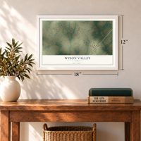 Wixon Valley, Texas map, 12 x 18 inch print in a white frame in an entryway