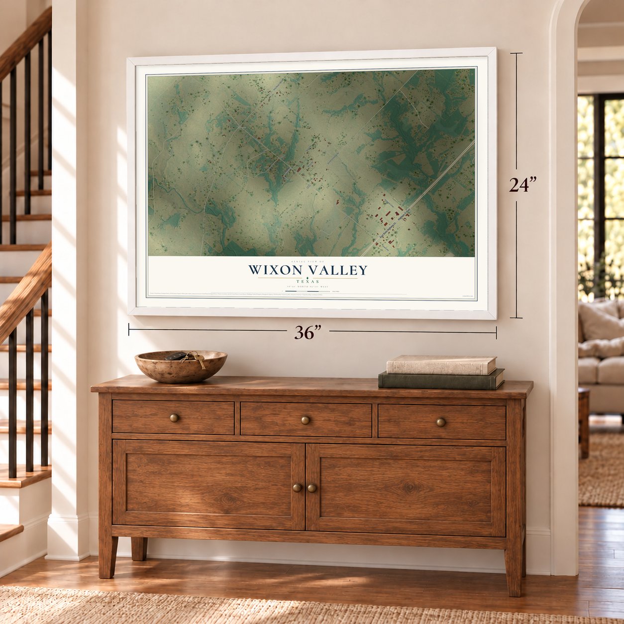 Wixon Valley, Texas map, 24 x 36 inch print in a white frame above a dresser by a staircase