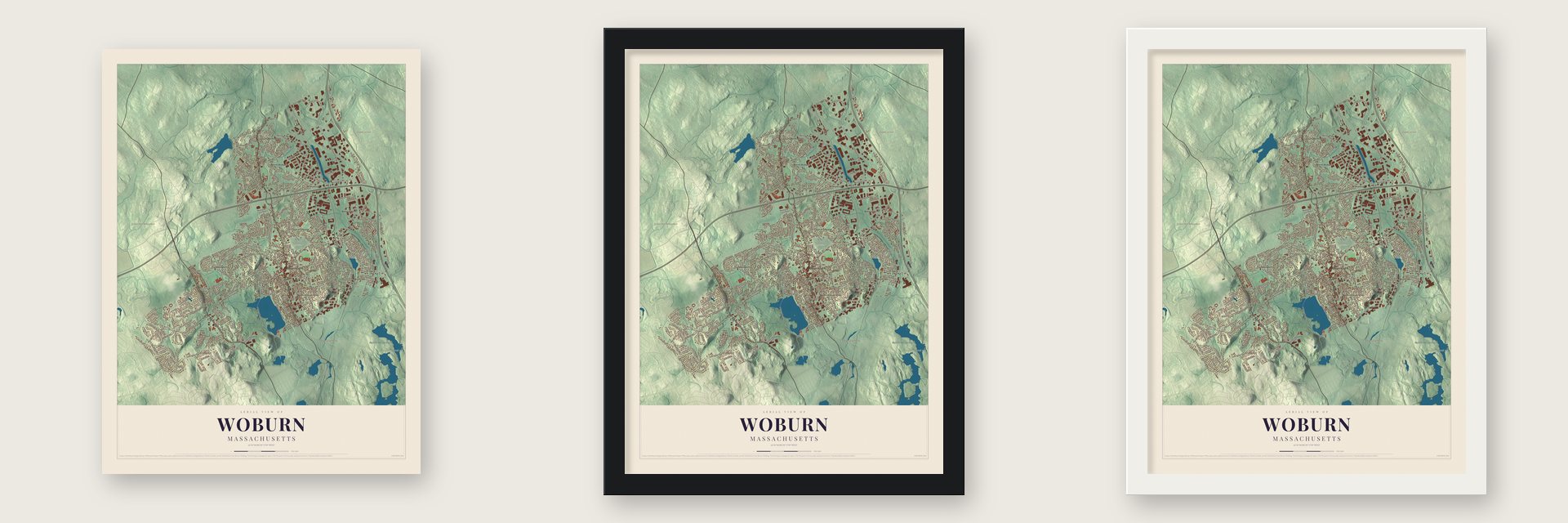 Woburn, Massachusetts map unframed, in a black wood frame and in a white wood frame