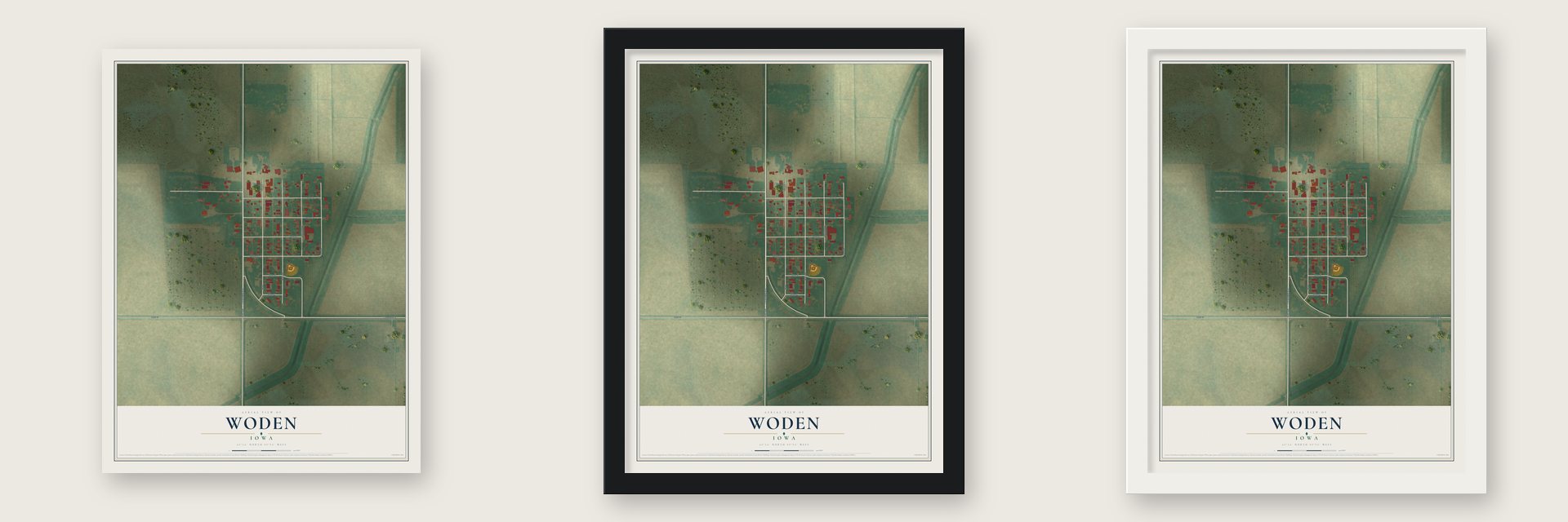 Woden, Iowa map unframed, in a black wood frame and in a white wood frame
