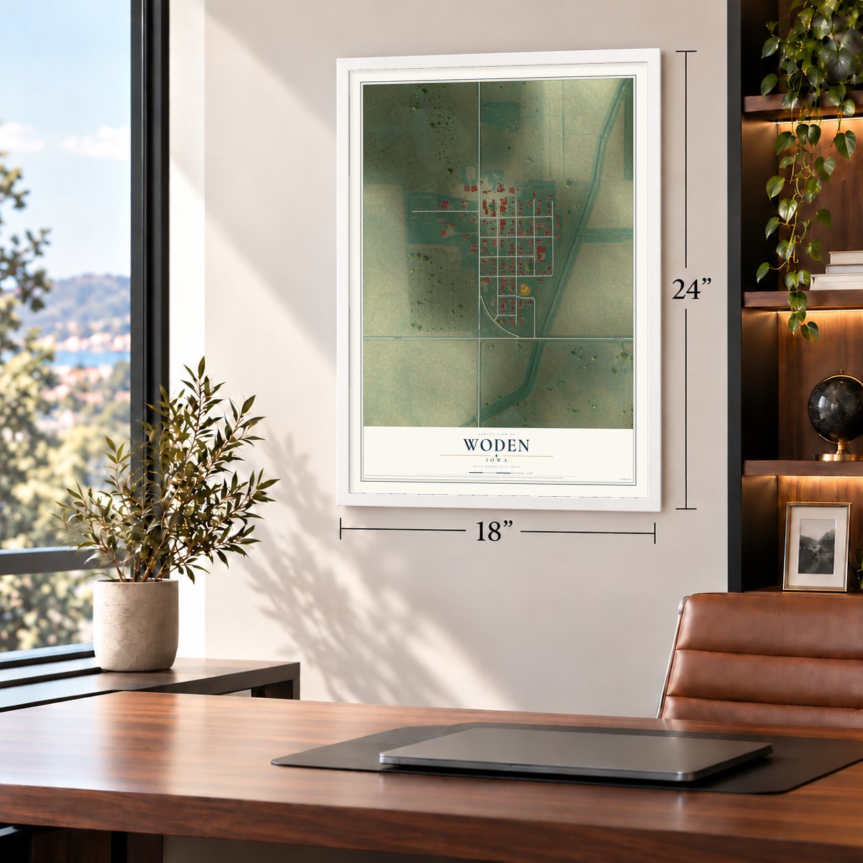 Woden, Iowa map, 18 x 24 inch print in a white frame in a home office