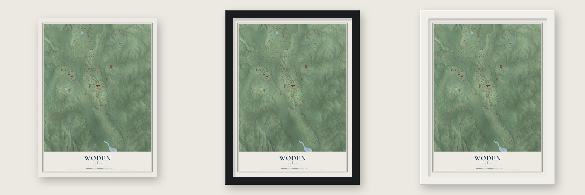 Woden, Texas map unframed, in a black wood frame and in a white wood frame