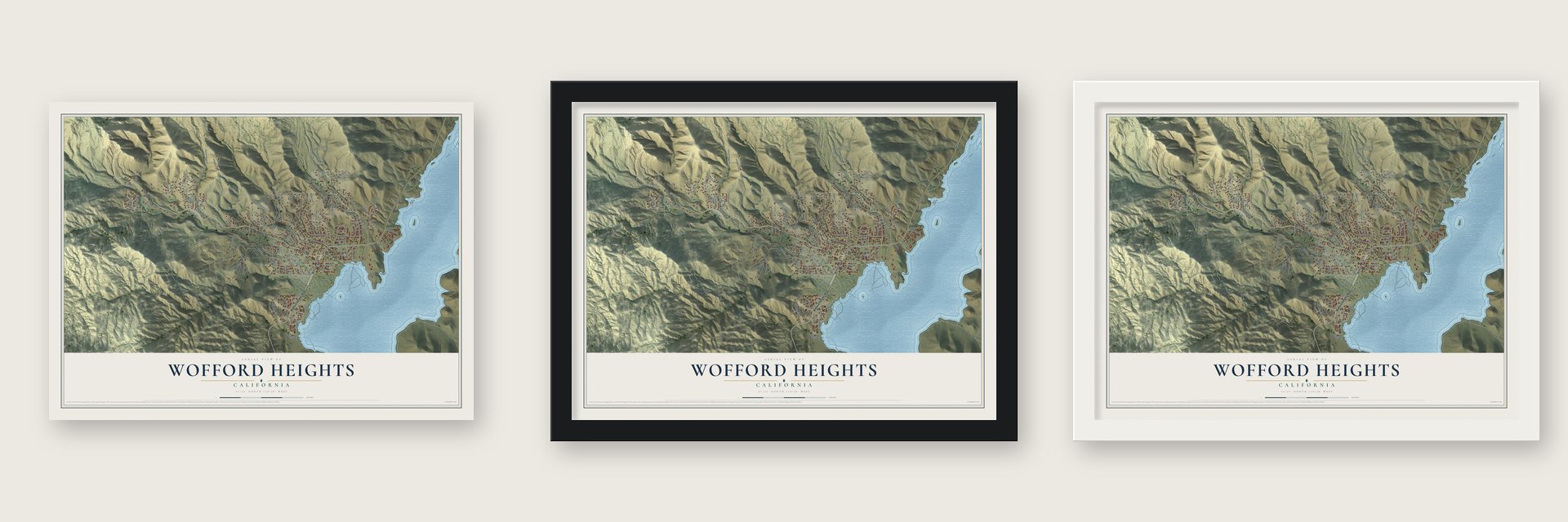 Wofford Heights, California map unframed, in a black wood frame and in a white wood frame