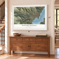 Wofford Heights, California map, 24 x 36 inch print in a white frame above a dresser by a staircase