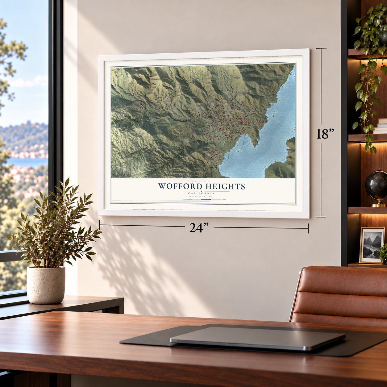 Wofford Heights, California map, 18 x 24 inch print in a white frame in a home office