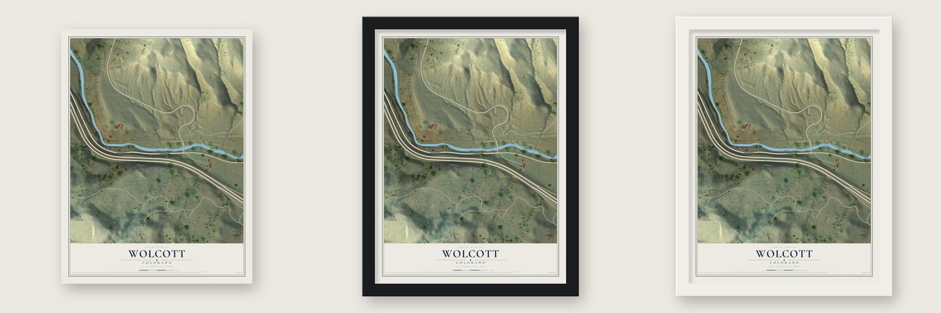 Wolcott, Colorado map unframed, in a black wood frame and in a white wood frame