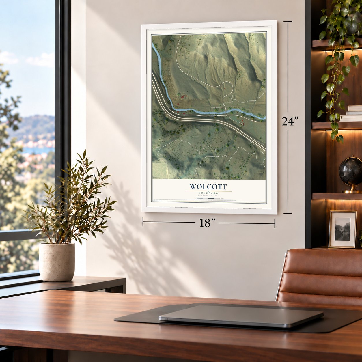 Wolcott, Colorado map, 18 x 24 inch print in a white frame in a home office