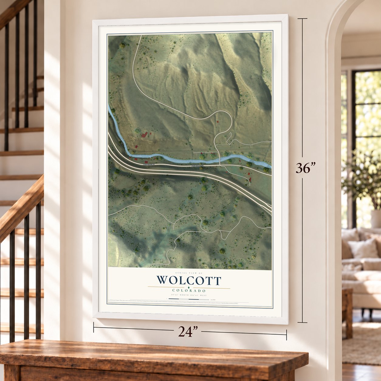 Wolcott, Colorado map, 24 x 36 inch print in a white frame by a staircase