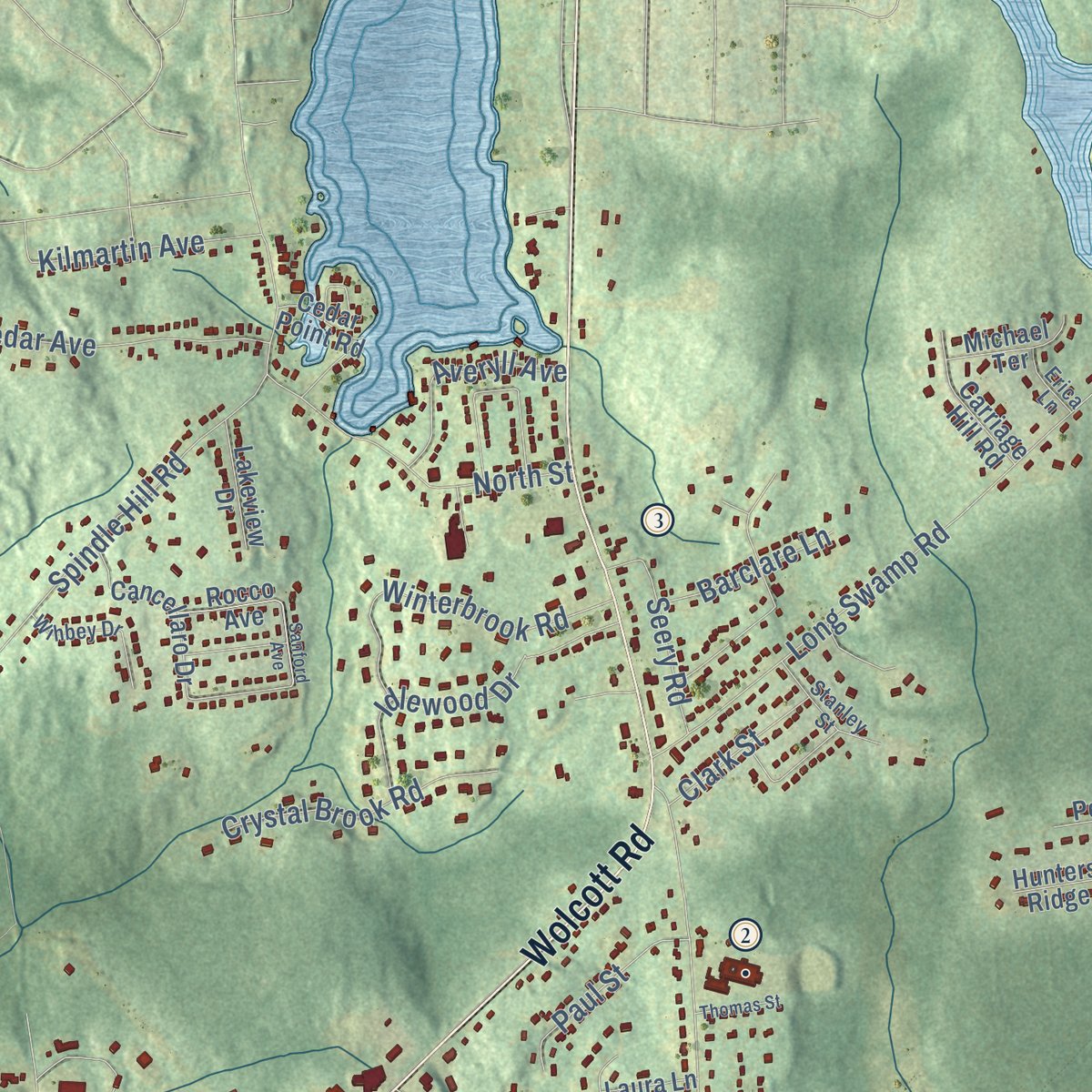 Second close-up of the map of Wolcott, Connecticut print showing more streets and buildings