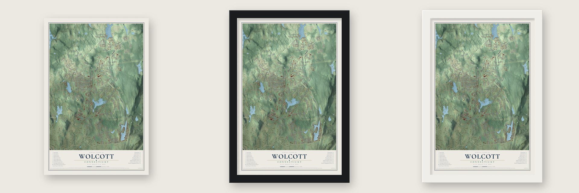 Wolcott, Connecticut map unframed, in a black wood frame and in a white wood frame