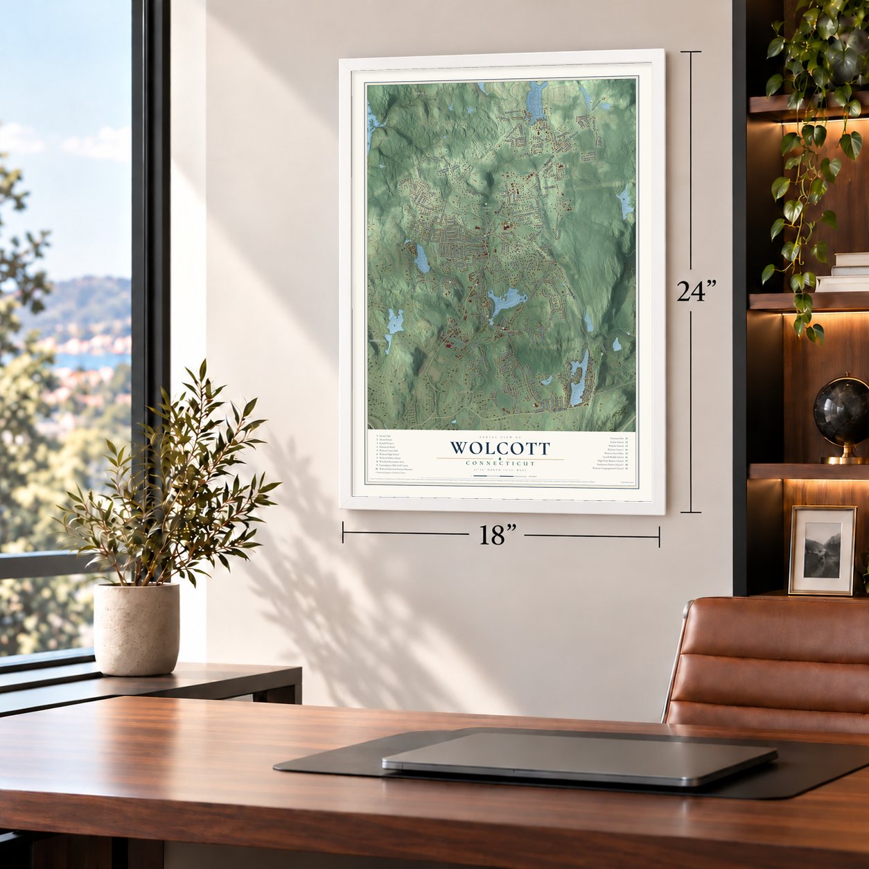 Wolcott, Connecticut map, 18 x 24 inch print in a white frame in a home office
