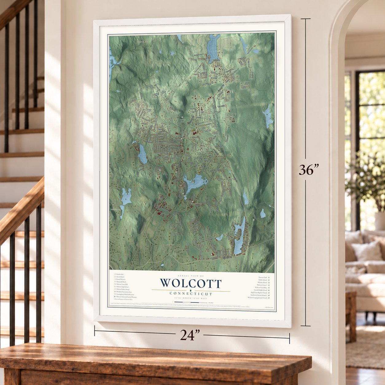 Wolcott, Connecticut map, 24 x 36 inch print in a white frame by a staircase
