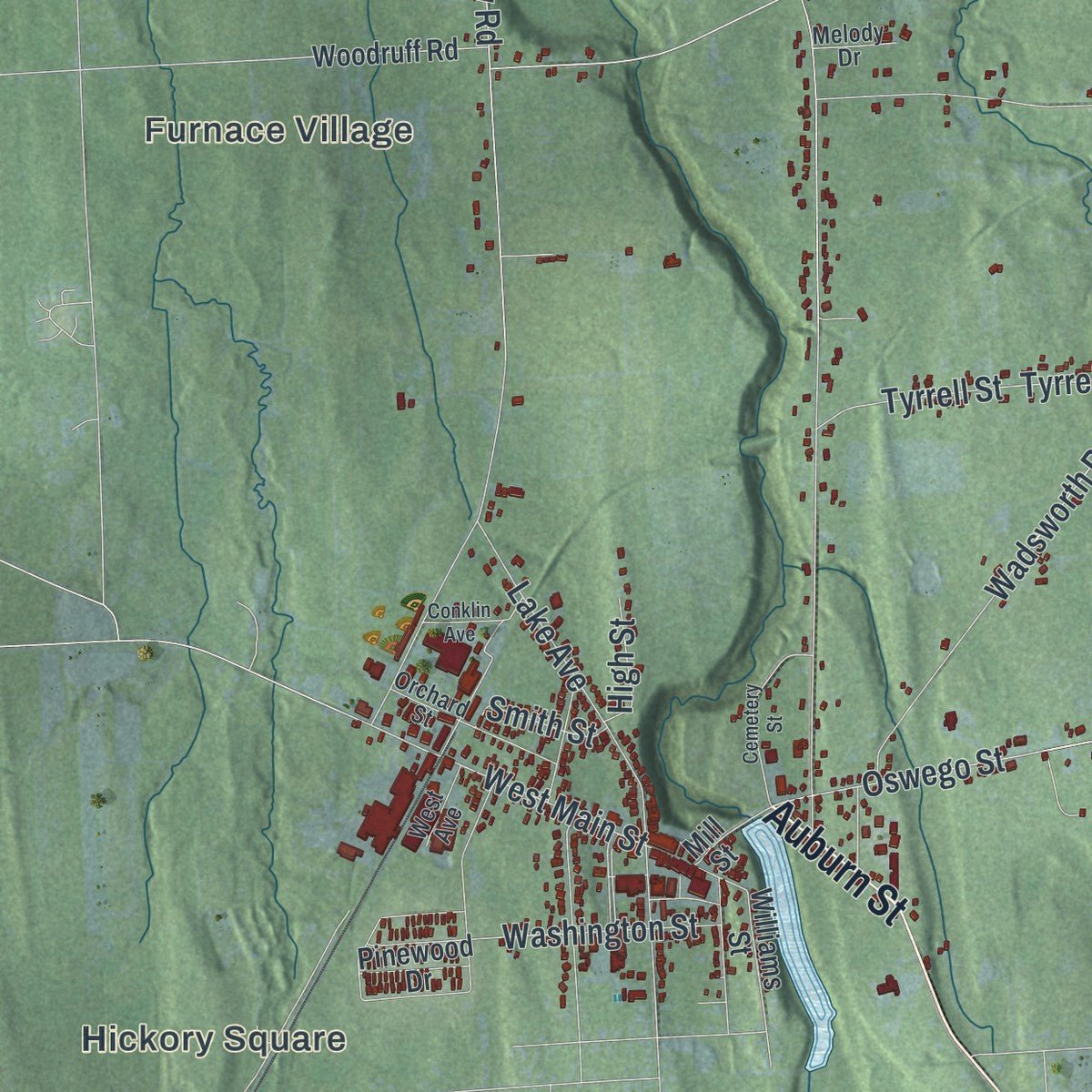 Second close-up of the map of Wolcott, New York print showing more streets and buildings