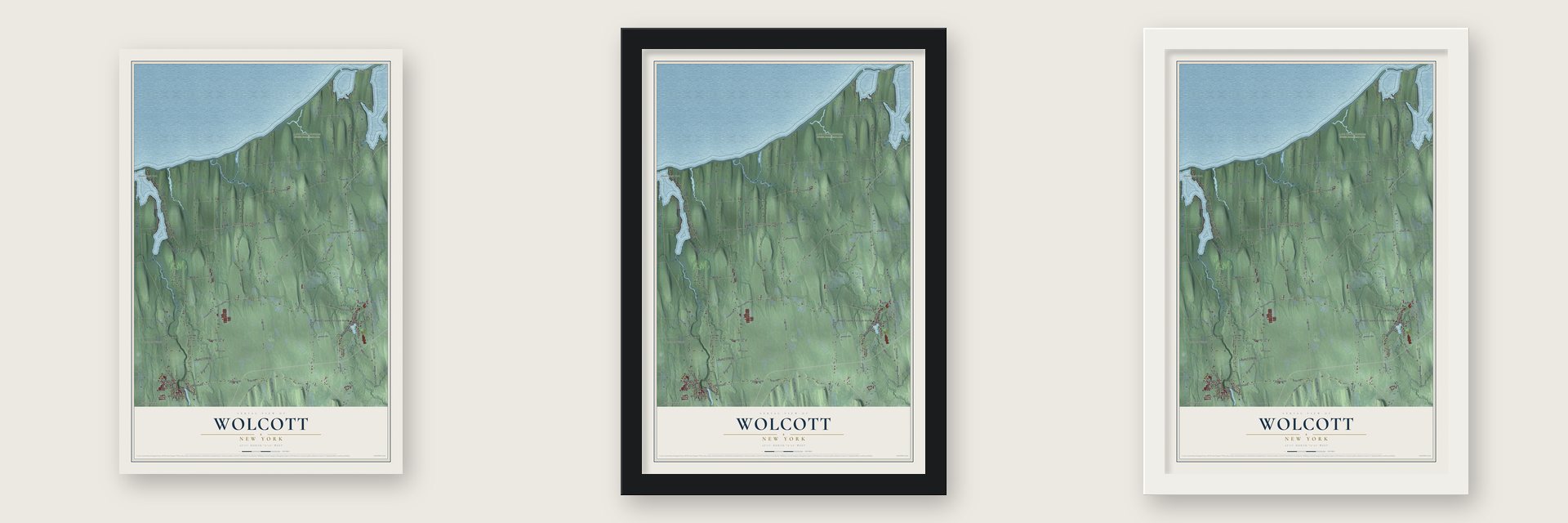 Wolcott, New York map unframed, in a black wood frame and in a white wood frame