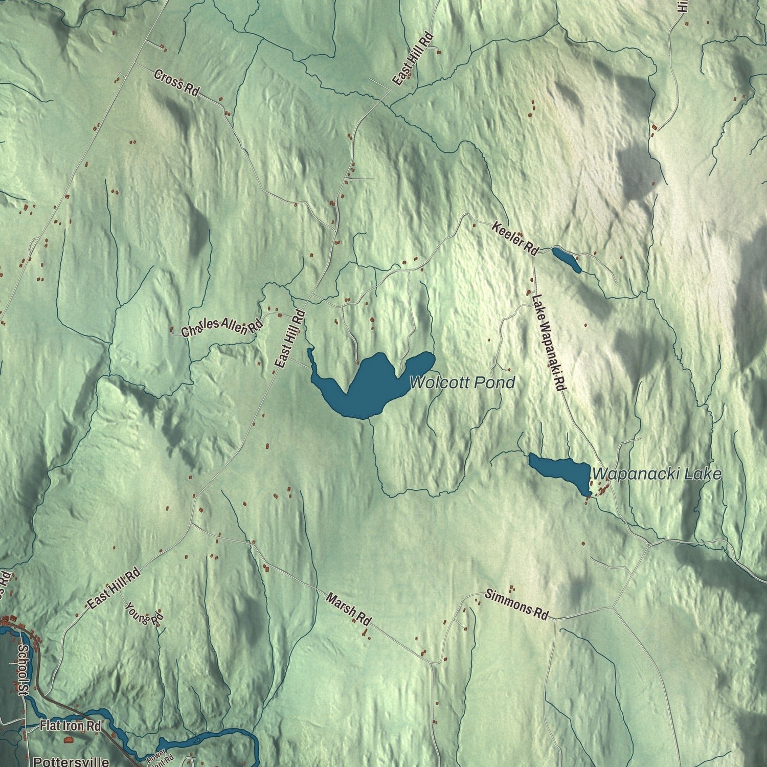 Close-up of the map of Wolcott, Vermont print showing terrain and local geography
