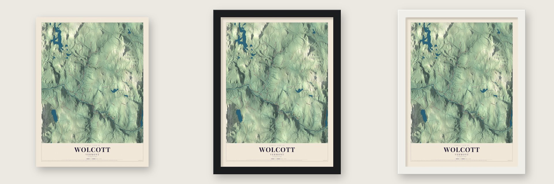 Wolcott, Vermont map unframed, in a black wood frame and in a white wood frame