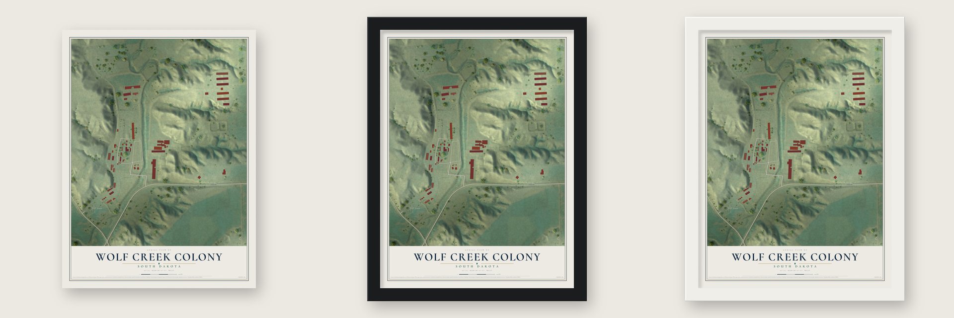 Wolf Creek Colony, South Dakota map unframed, in a black wood frame and in a white wood frame