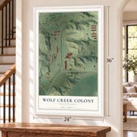 Wolf Creek Colony, South Dakota map, 24 x 36 inch print in a white frame by a staircase