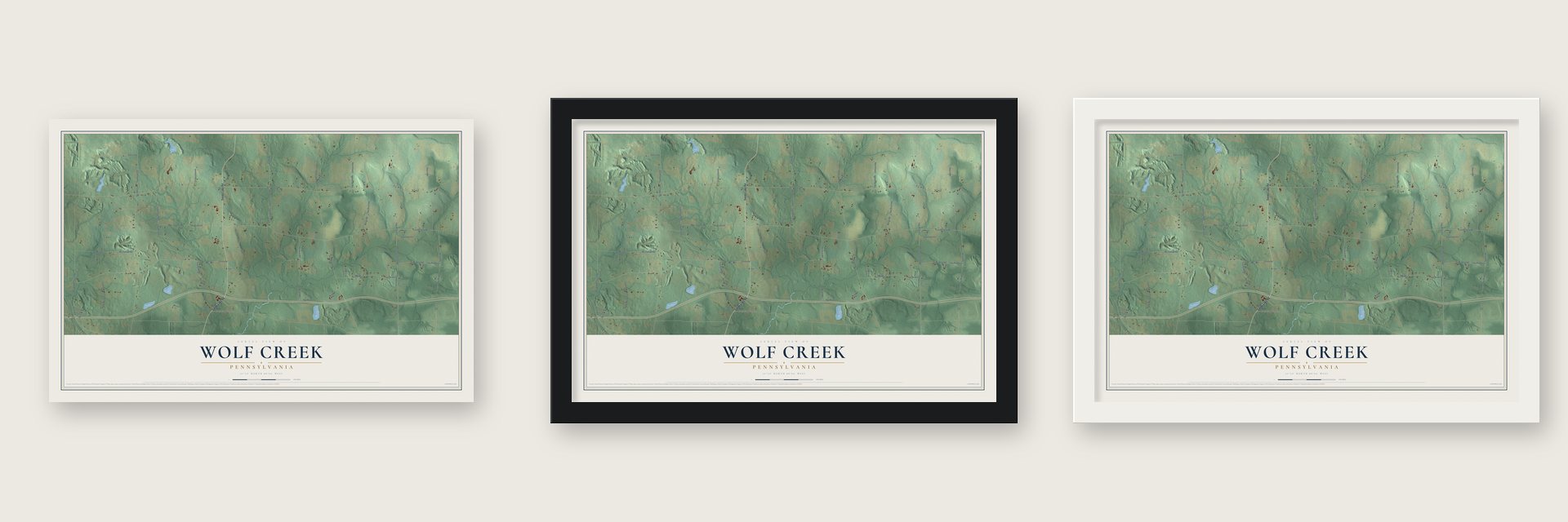 Wolf Creek, Pennsylvania map unframed, in a black wood frame and in a white wood frame