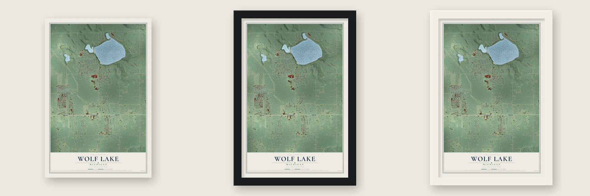 Wolf Lake, Michigan map unframed, in a black wood frame and in a white wood frame