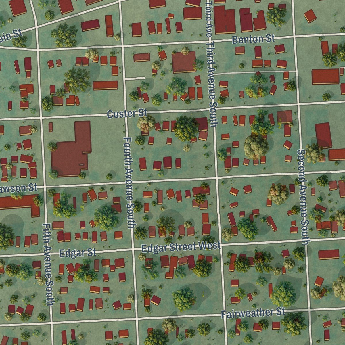 Second close-up of the map of Wolf Point, Montana print showing more streets and buildings