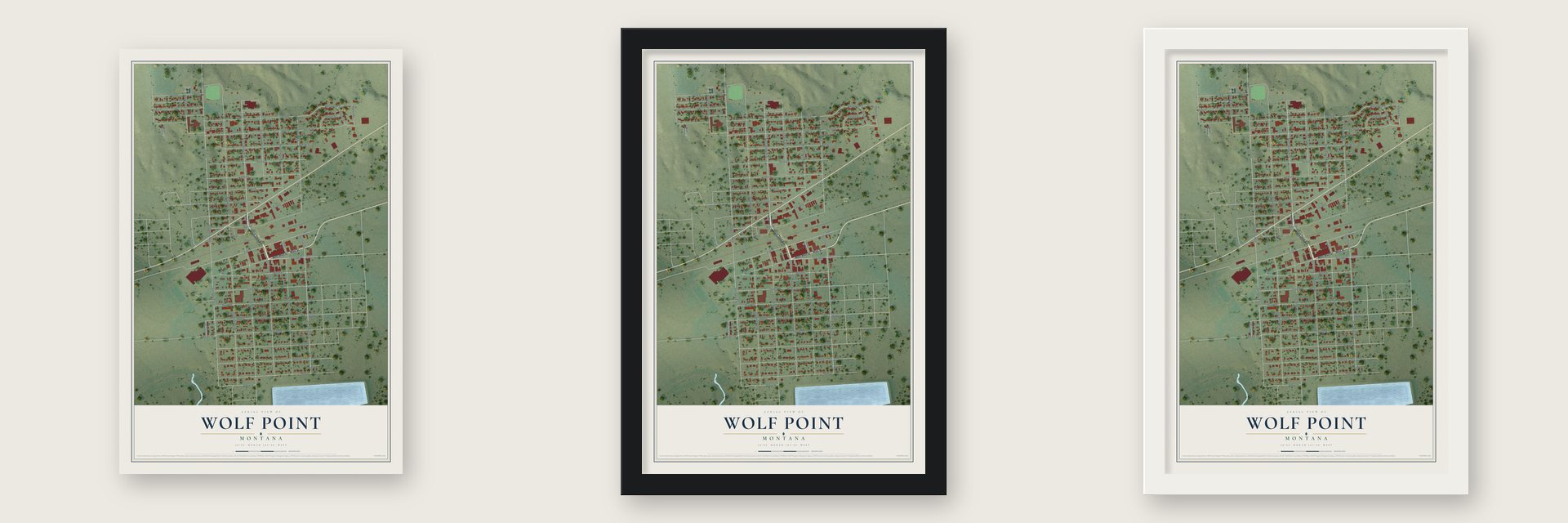 Wolf Point, Montana map unframed, in a black wood frame and in a white wood frame