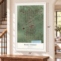Wolf Point, Montana map, 24 x 36 inch print in a white frame by a staircase