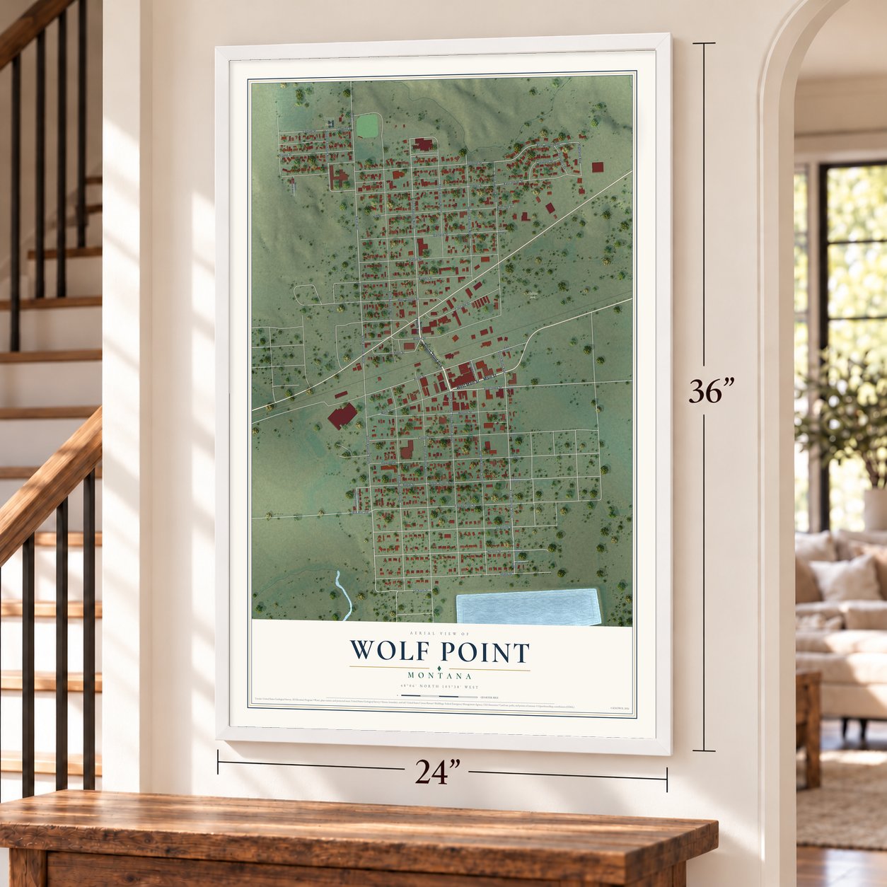 Wolf Point, Montana map, 24 x 36 inch print in a white frame by a staircase