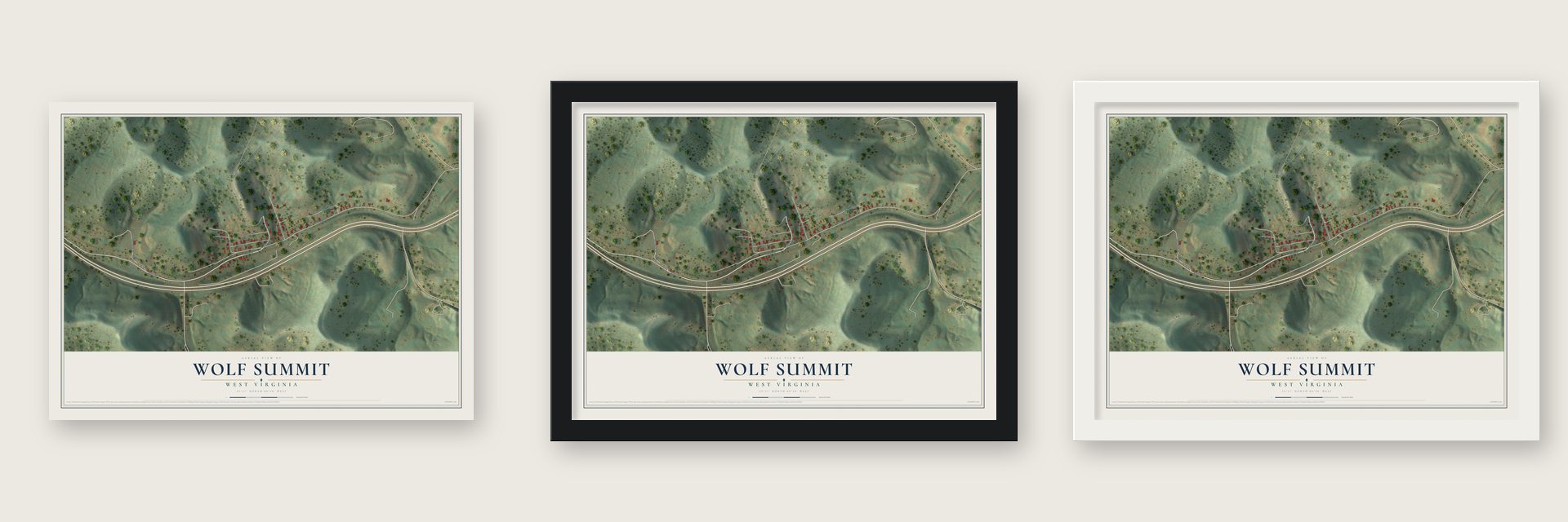 Wolf Summit, West Virginia map unframed, in a black wood frame and in a white wood frame