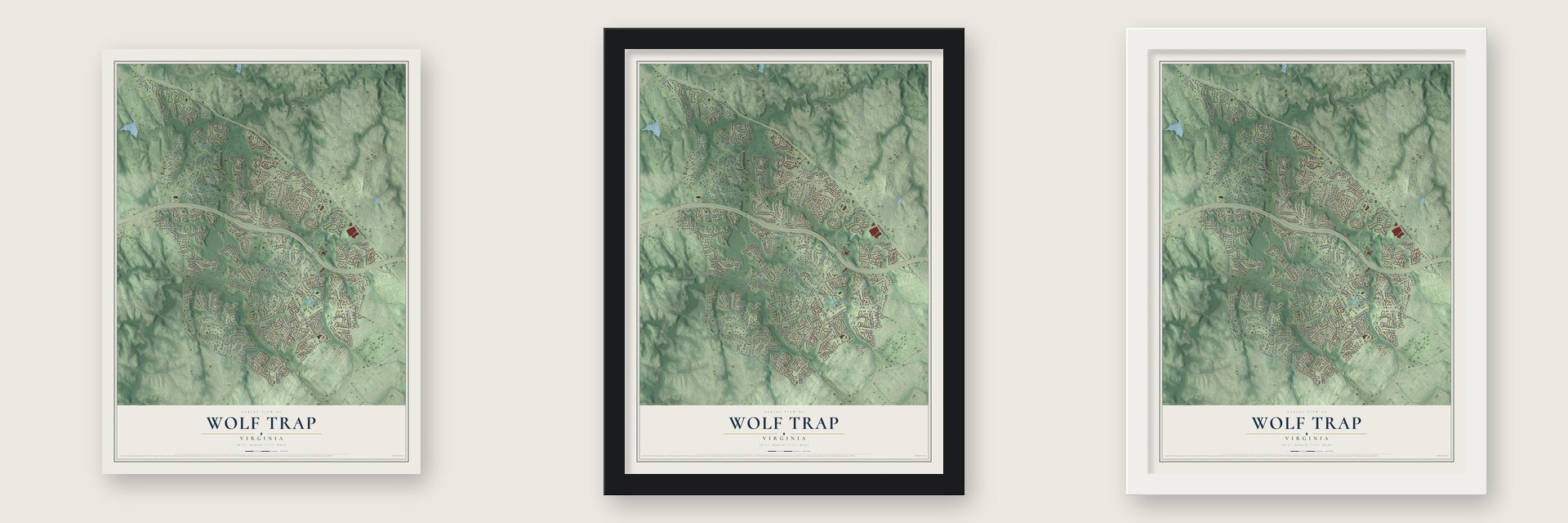 Wolf Trap, Virginia map unframed, in a black wood frame and in a white wood frame