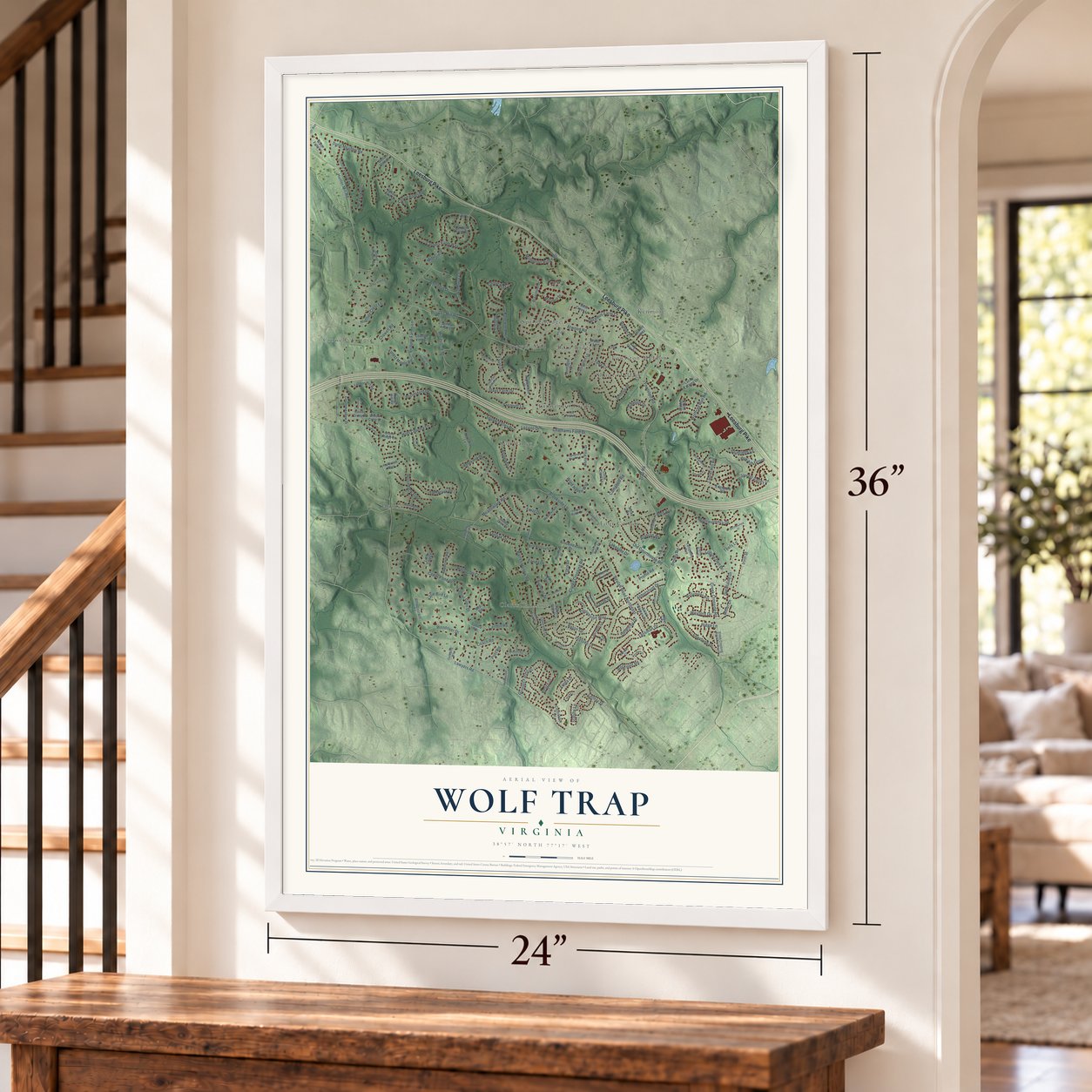 Wolf Trap, Virginia map, 24 x 36 inch print in a white frame by a staircase