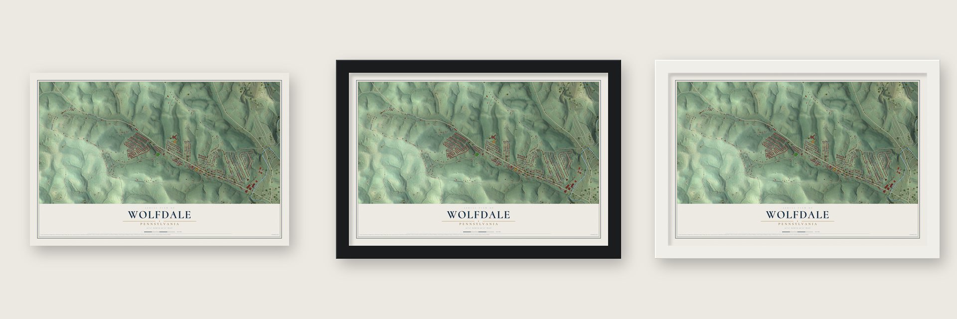 Wolfdale, Pennsylvania map unframed, in a black wood frame and in a white wood frame