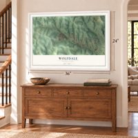 Wolfdale, Pennsylvania map, 24 x 36 inch print in a white frame above a dresser by a staircase