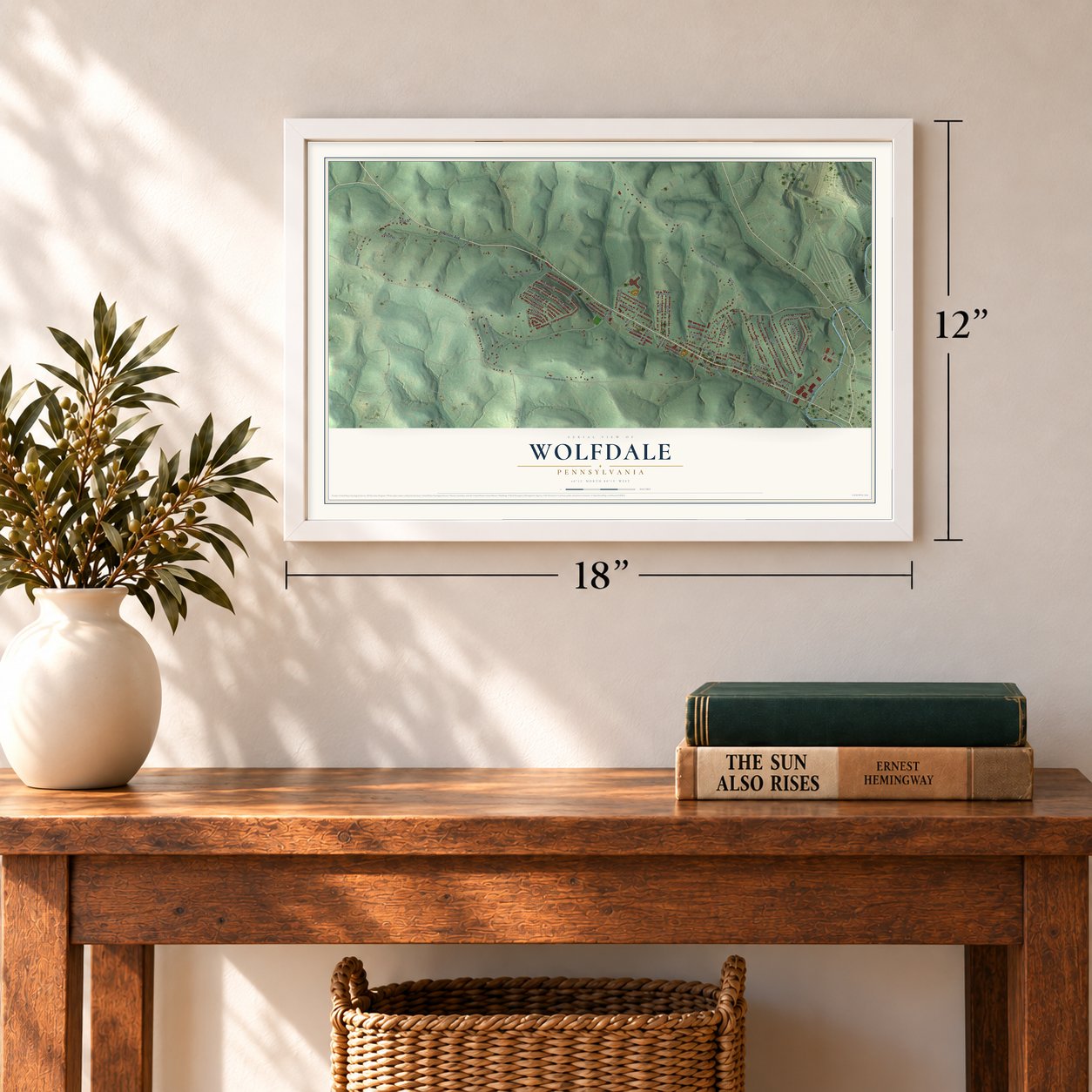 Wolfdale, Pennsylvania map, 12 x 18 inch print in a white frame in an entryway