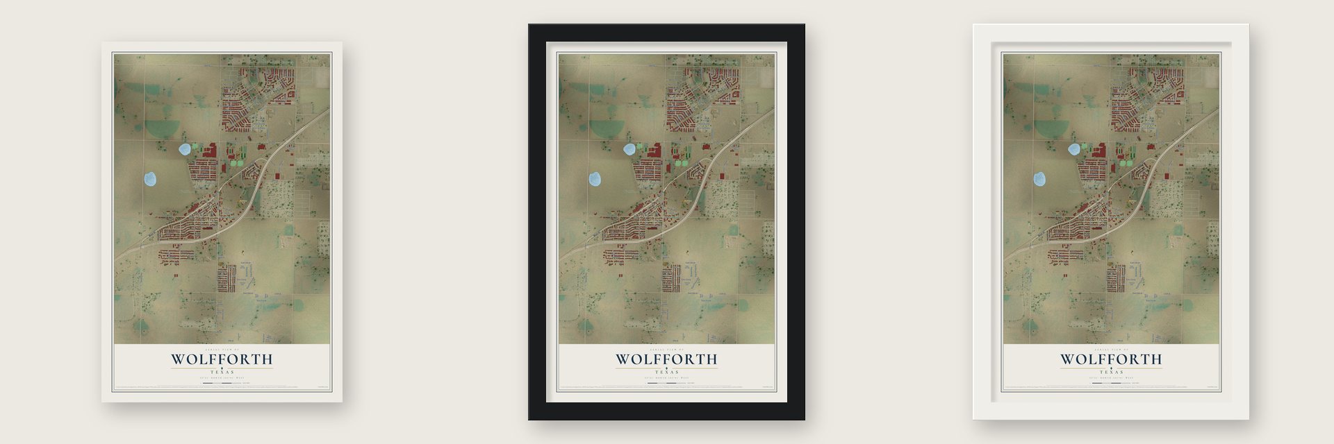 Wolfforth, Texas map unframed, in a black wood frame and in a white wood frame
