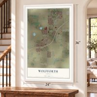Wolfforth, Texas map, 24 x 36 inch print in a white frame by a staircase
