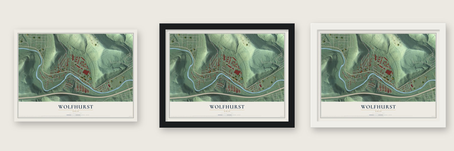 Wolfhurst, Ohio map unframed, in a black wood frame and in a white wood frame