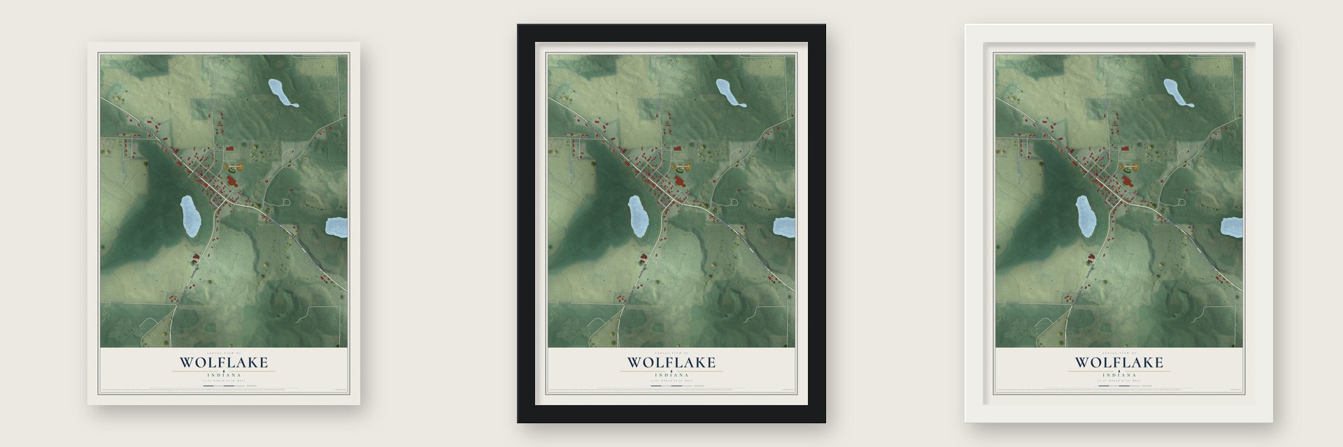 Wolflake, Indiana map unframed, in a black wood frame and in a white wood frame