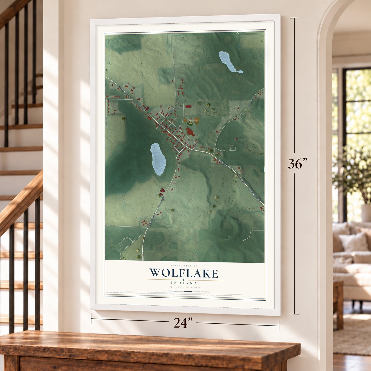 Wolflake, Indiana map, 24 x 36 inch print in a white frame by a staircase