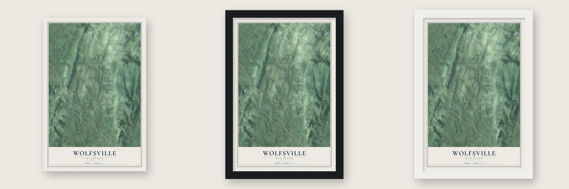 Wolfsville, Maryland map unframed, in a black wood frame and in a white wood frame