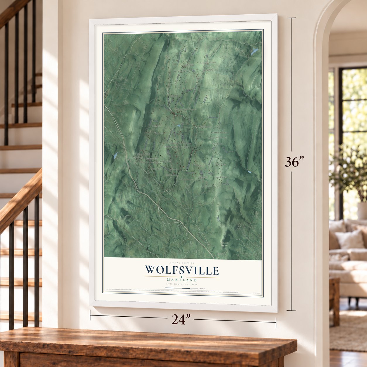 Wolfsville, Maryland map, 24 x 36 inch print in a white frame by a staircase