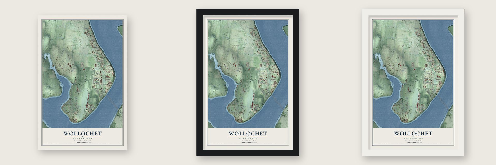 Wollochet, Washington map unframed, in a black wood frame and in a white wood frame