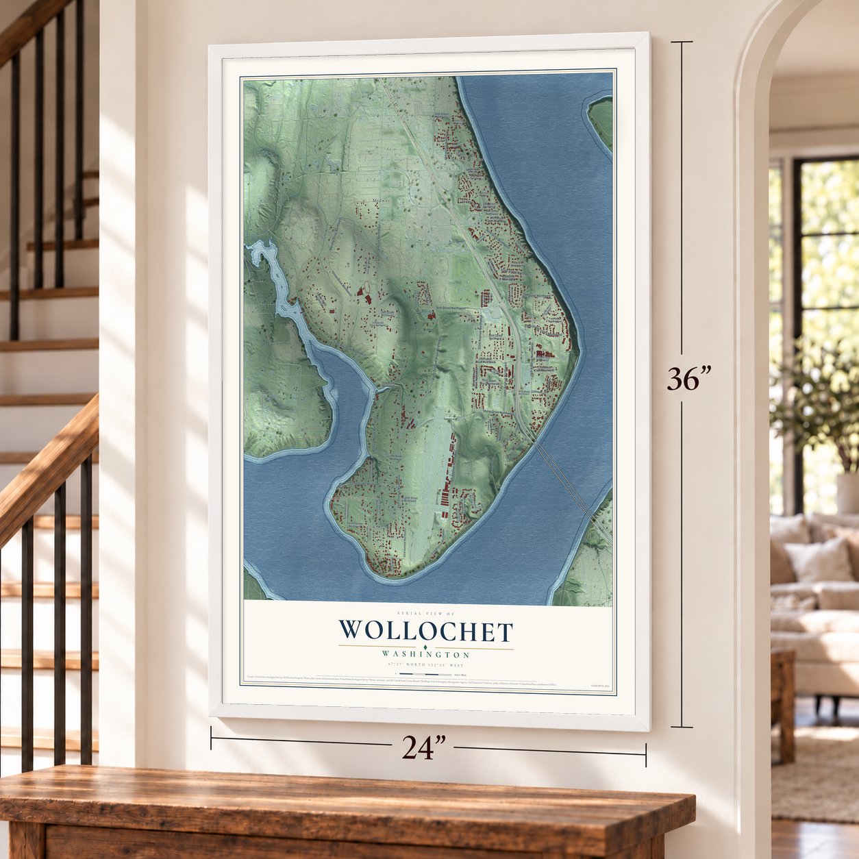 Wollochet, Washington map, 24 x 36 inch print in a white frame by a staircase