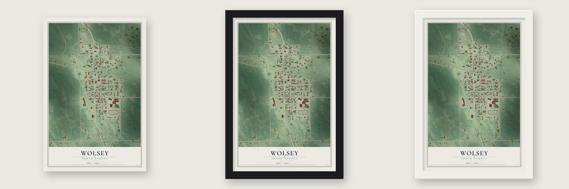 Wolsey, South Dakota map unframed, in a black wood frame and in a white wood frame