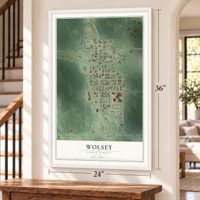 Wolsey, South Dakota map, 24 x 36 inch print in a white frame by a staircase