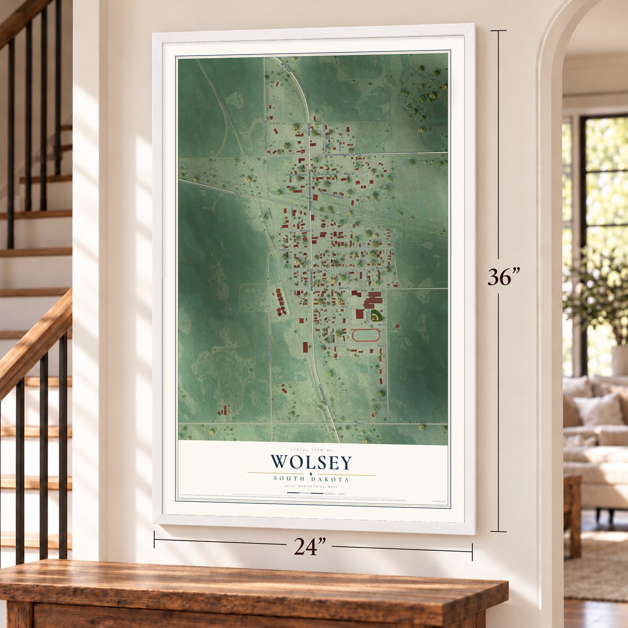 Wolsey, South Dakota map, 24 x 36 inch print in a white frame by a staircase