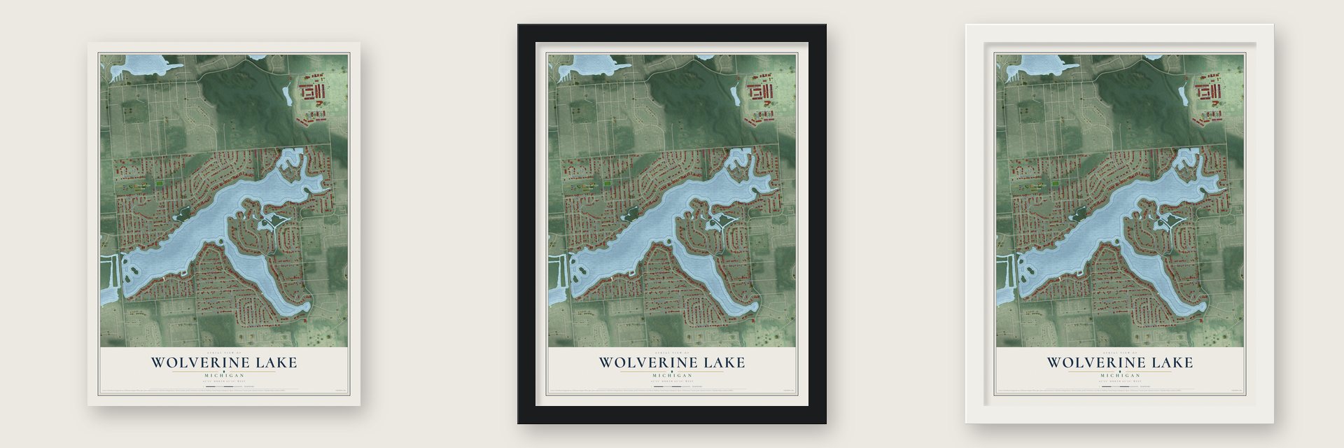 Wolverine Lake, Michigan map unframed, in a black wood frame and in a white wood frame